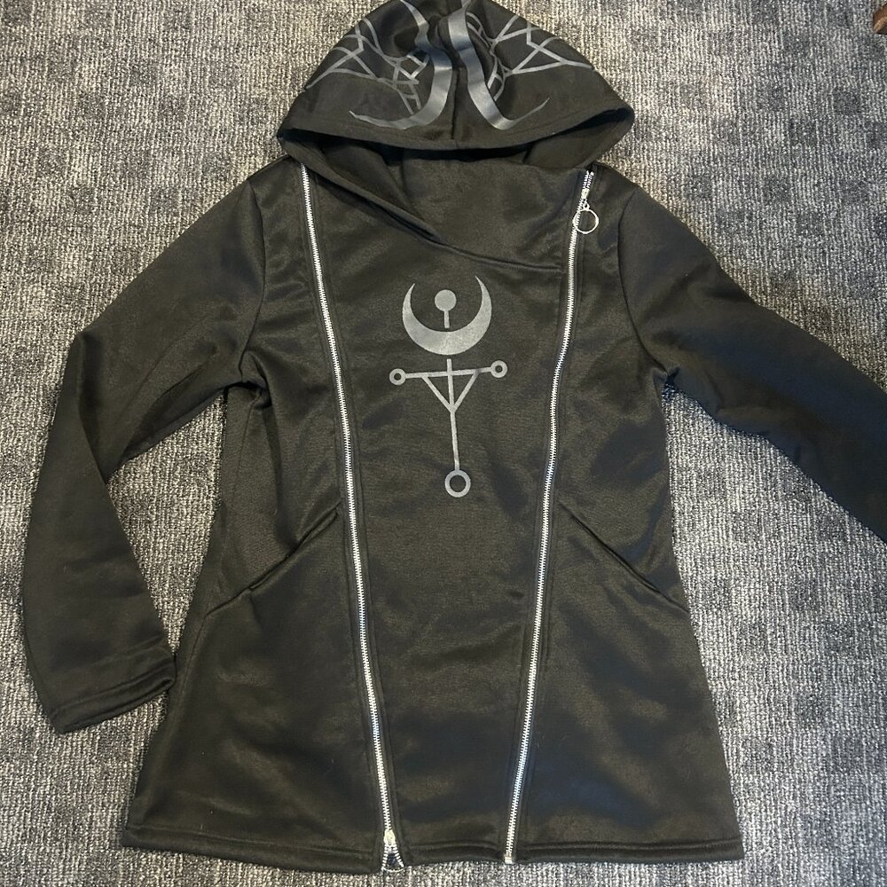 Black/grey asymmetrical zipper hoodie symbols moon gothic goth witchy XL